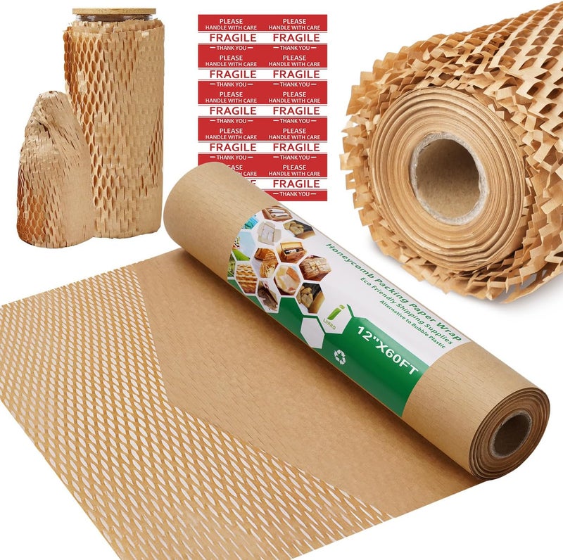 liirro Honeycomb Packing Paper Wrap 12"x60' Recycled Bubble Cushioning Wrap Roll Eco Friendly Shipping Boxes Moving Wrap Packing Supplies Material with 10 Fragile Sticker Labels - Image 1